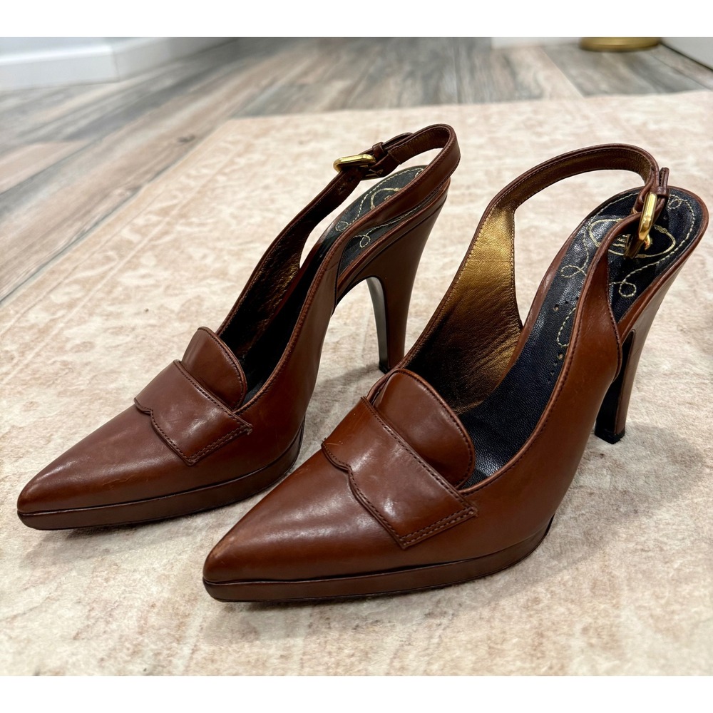 Prada Brown Leather Slingback Loafer Pumps IT 38.5 - Picture 2 of 9